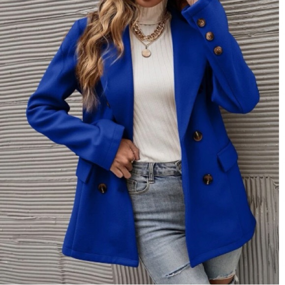 Classic Blue Double Breast Button Up Jacket Coat - Picture 3 of 15